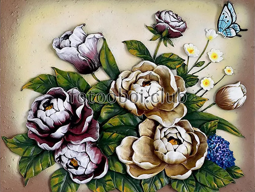 цветы, розы, пионы, барельеф, 3д, 3d